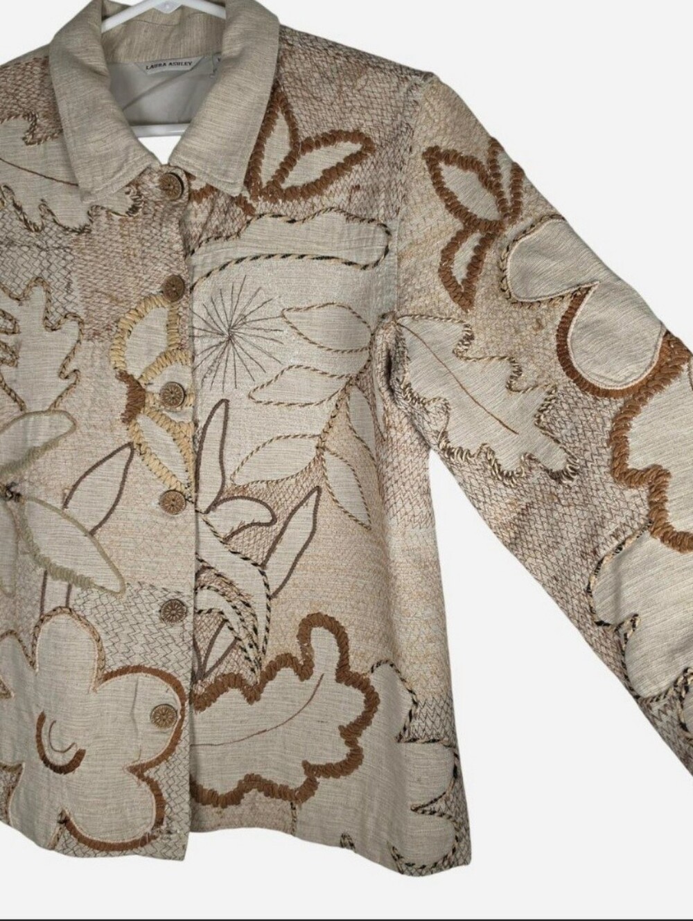 Laura Ashley Embroidered Floral Jacket Beige Button Front Cotton Blend Boho Med
